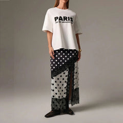 High Waist Satin Dot Print Lace Trim Patchwork Maxi Skirt