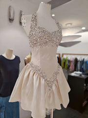 Diamond Beaded Tie-Up Neck A-Line Mini Dress