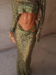Green Sequin Long Sleeve Top And Maxi Skirt Set