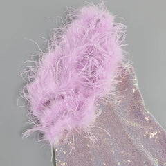 Purple One Shoulder Sequin Feather Mini Dress