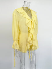 Ruffle Tie Up Shirt And Shorts Two Piece Set