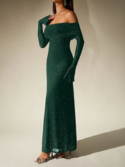 Off-Shoulder Flared Long Sleeve Sequined Maxi Dress
