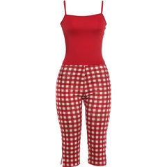 Red Cami Top And Plaid Capri Pants Set