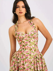 Floral Printed Neck Mounted A-line Midi Dress