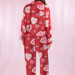 Heart Print Satin Long Sleeve Button Shirts And Pants Pajama Set