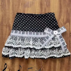 Piano Pleated Polka Dot Lace Patchwork Mini Skirt