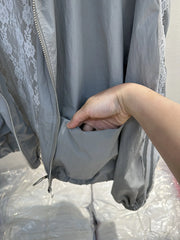 Lace Trim Stand-up Collar Zipper Jacket