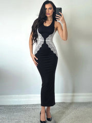 Lace Patchwork Halter Sleeveless Midi Dress