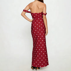 Red Off Shoulder Polka Dot Print Long Dress