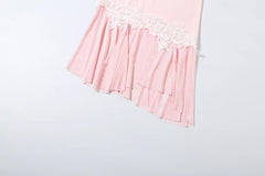 Pink Sleeveless Lace Patchwork Ruched Hem Midi Dress