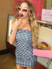 Blue Plaid Print One-Shoulder Drawstring Mini Dress