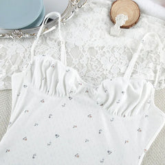 White Printed Ribbed Spaghetti Strap Nightie Sleepwear Dress