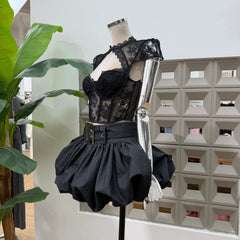 Lace Sheer Corset Crop Top And Wide Belt Bubble Hem Skirt Set