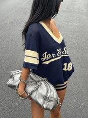 Knit Letter Print V-neck T-Shirt