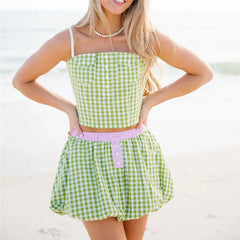 Gingham Spaghetti Strap Crop Top And Bubble Mini Skirt Set