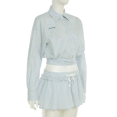 Striped Long-sleeved Cropped Shirt And Mini Skirt Two Piece Set