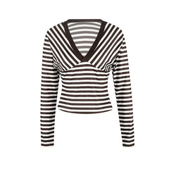 Brown Striped V-Neck Long Sleeve T-Shirt