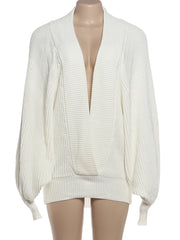 White Knit Deep V-Neck Mini Long Sleeve Dress