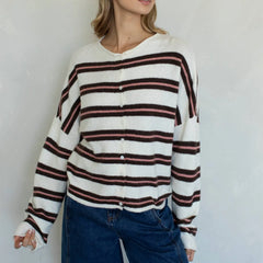 Striped Button Up Long Sleeve Crew Neck Sweater