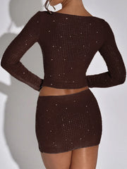 Sequin Solid Long Sleeve Top And Mini Skirt Set