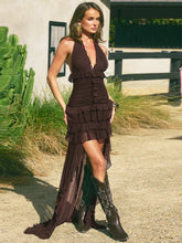 Brown Ruffle Tiered Hem Halter Mini Dress