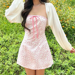 Pink Bow Print Ribbion Smocked Mini Dress