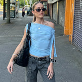 Off- Shoulder Hook Button Slit Sleeve Top