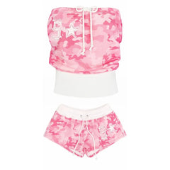 Camouflage Zipper Crop Hoodie, Tube Top, And Shorts, Sweatpants Set