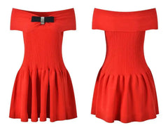 Ribbed Off-Shoulder Diamond Bow Dress