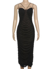 Black Ruched Strappy Mesh Midi Dress