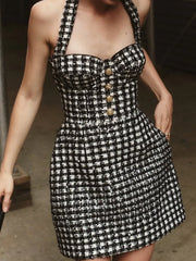 Black Plaid Tweed Halter Dress