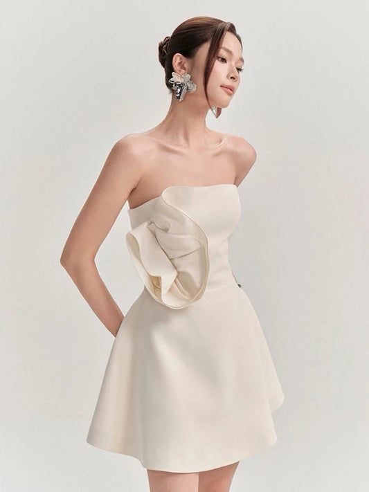 White Strapless 3D Flower Mini Dress
