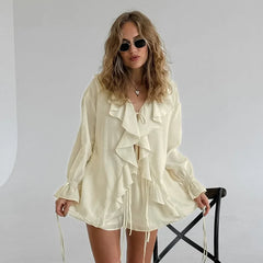 Ruffle Tie Up Shirt And Shorts Two Piece Set