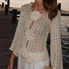 White Long Sleeve Knitted 3D Flower Crochet Cover Up Crop Top