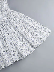 White Deep V-neck Blue Floral Print Mini Dress