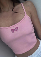 Pink bow embroidery cami crop top for women.