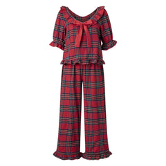 Red Tartan Plaid Ruffle Bow Puff Sleeve Top And Long Pants Pajama Set