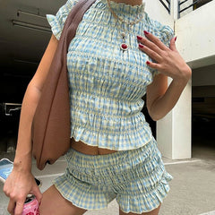 Elastic Plaid Ruched Crop Top And Shorts Set