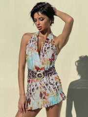 Halter Colourful Printed Low Neck Backless Ruffle Mini Dress