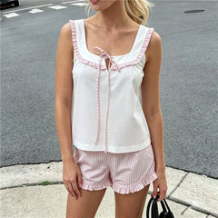 Stripe Ruffle Trim Front Tie Tank Top And Shorts Set