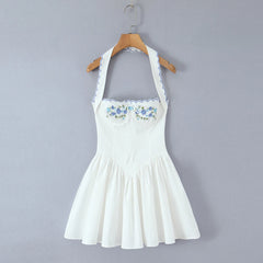 White Embroidery Halter Mini Dress
