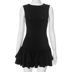 Solid O-Neck Layered Ruffled Hem Short Dress