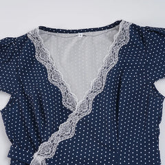 Blue Polka Dot V-neck Lace Trim Mini Dress