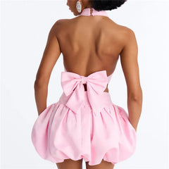 Halter Back Bow Crop Top And Bubble Mini Skirt Set