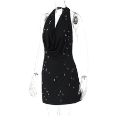 Cowl Neck Halter Water Drop Bead Mini Dress