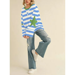 Round Neck Striped Color Star Patch Flare Long Sleeve Pullover