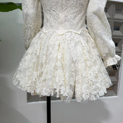 White V-Neck Lace Long Sleeve Flare Mini Dress