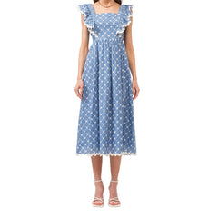 Blue Floral Print Square Neck Frill Tie Up Midi Dress