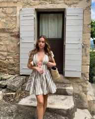 Green Striped Floral Print Short Sleeve Mini Dress