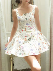 White Floral Print Square Collar Sleeveless Flare Mini Dress